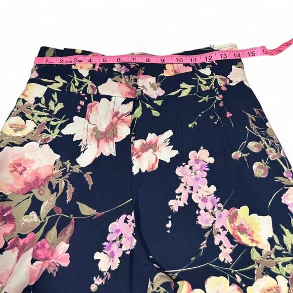 Navy Floral Wide Leg Pants Pockets Zipper Size S Boho 70s Aesthetic - Picture 4 of 5